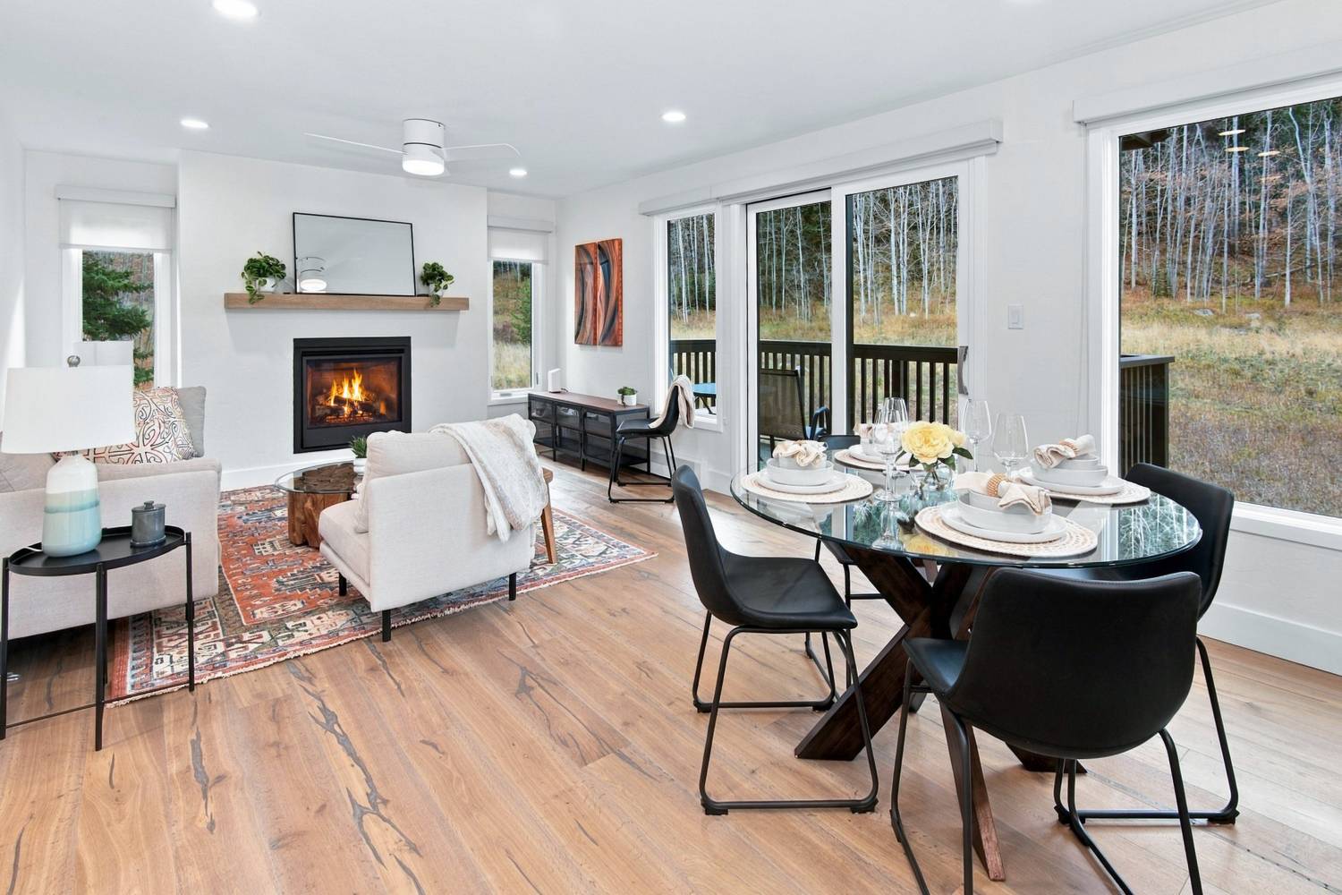 Living and dining area with gas fireplace