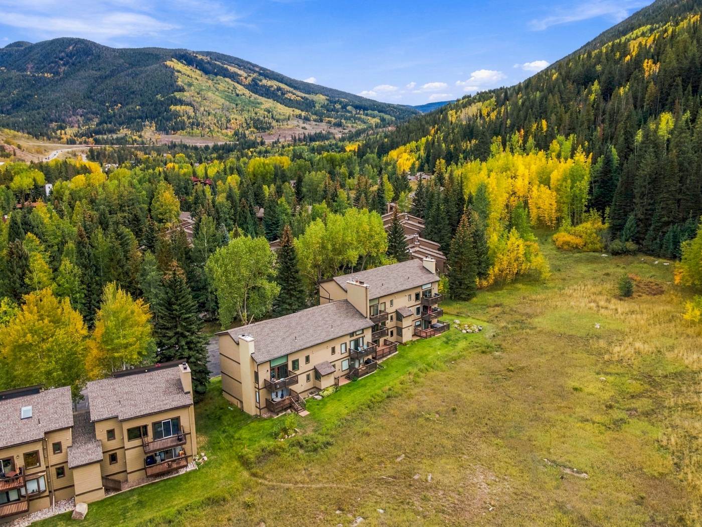 Aerial view of the building and valley