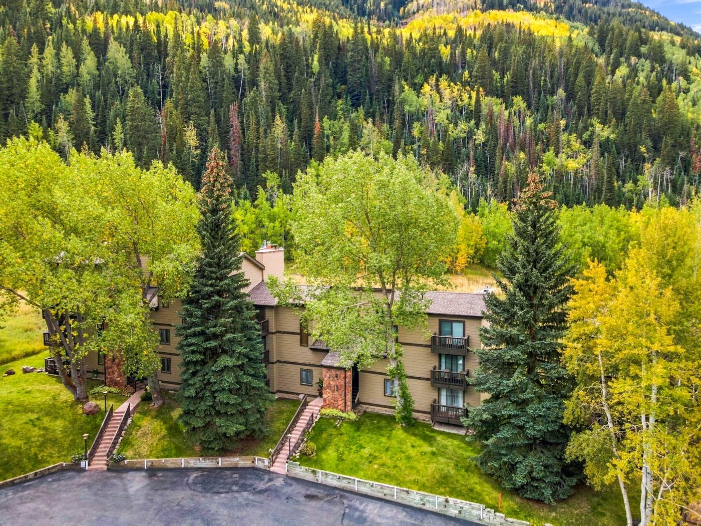 Aerial view of Building 9 in fall