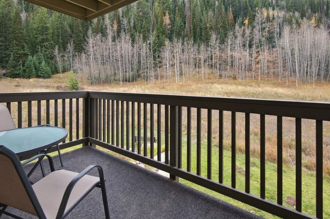 Deck seating with forest views