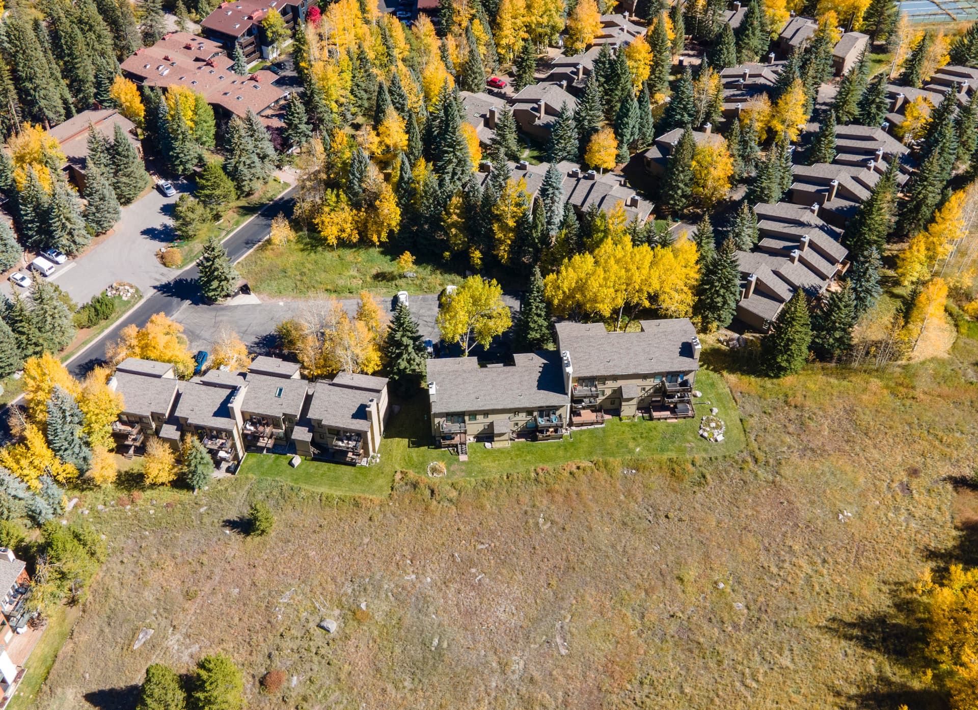 Aerial view of Buildings 8 and 9 beside the meadow