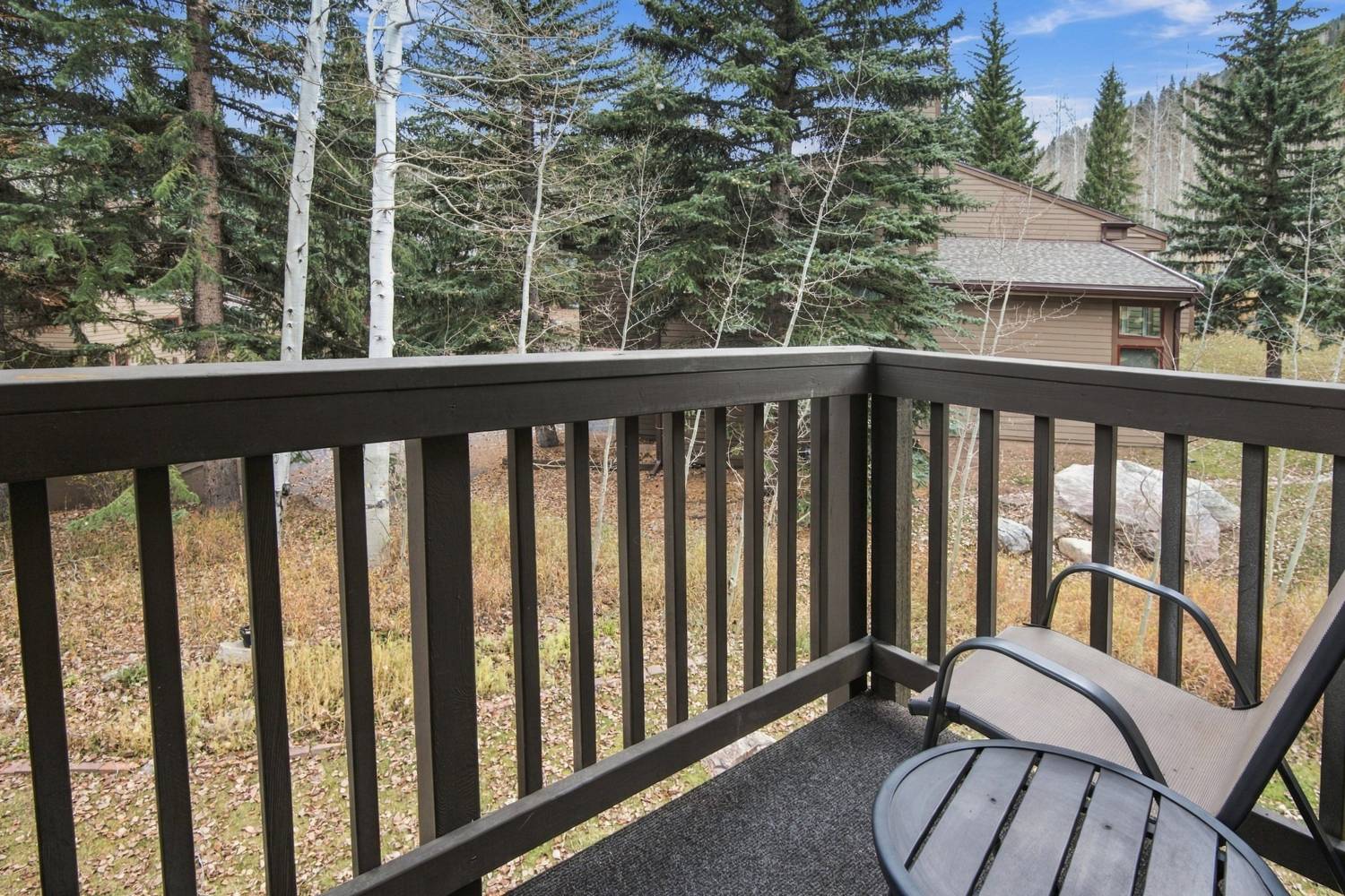 Deck with forest and meadow views