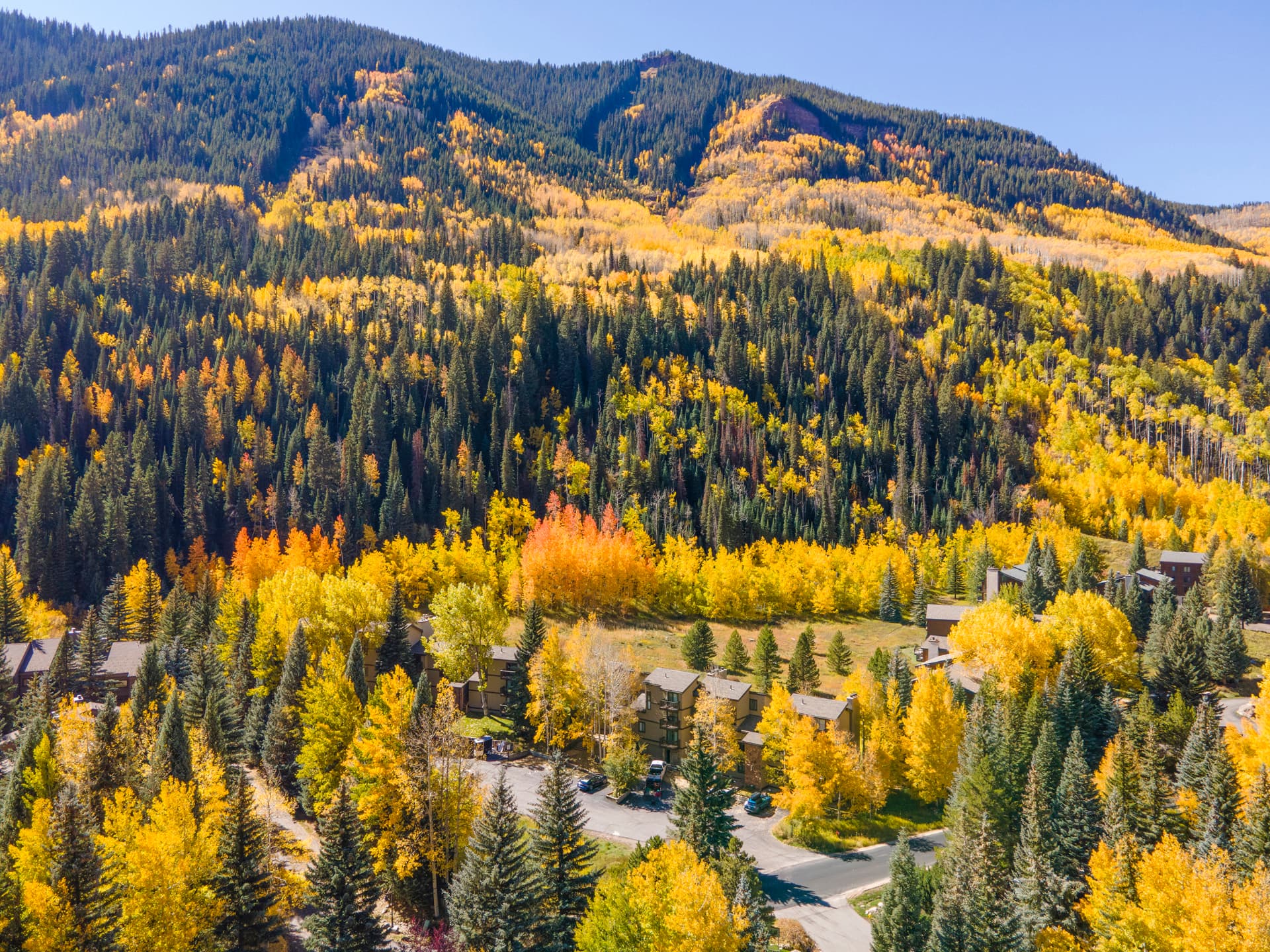 Aerial view of Timber Falls and the valley in fall foliage
